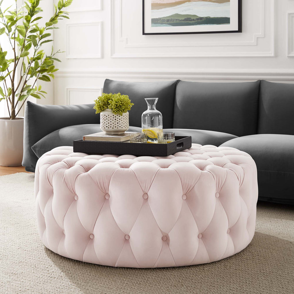 Amour Tufted Button Large Round Performance Velvet Ottoman - Pink