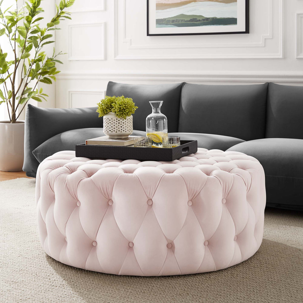 Amour Tufted Button Large Round Performance Velvet Ottoman - Pink