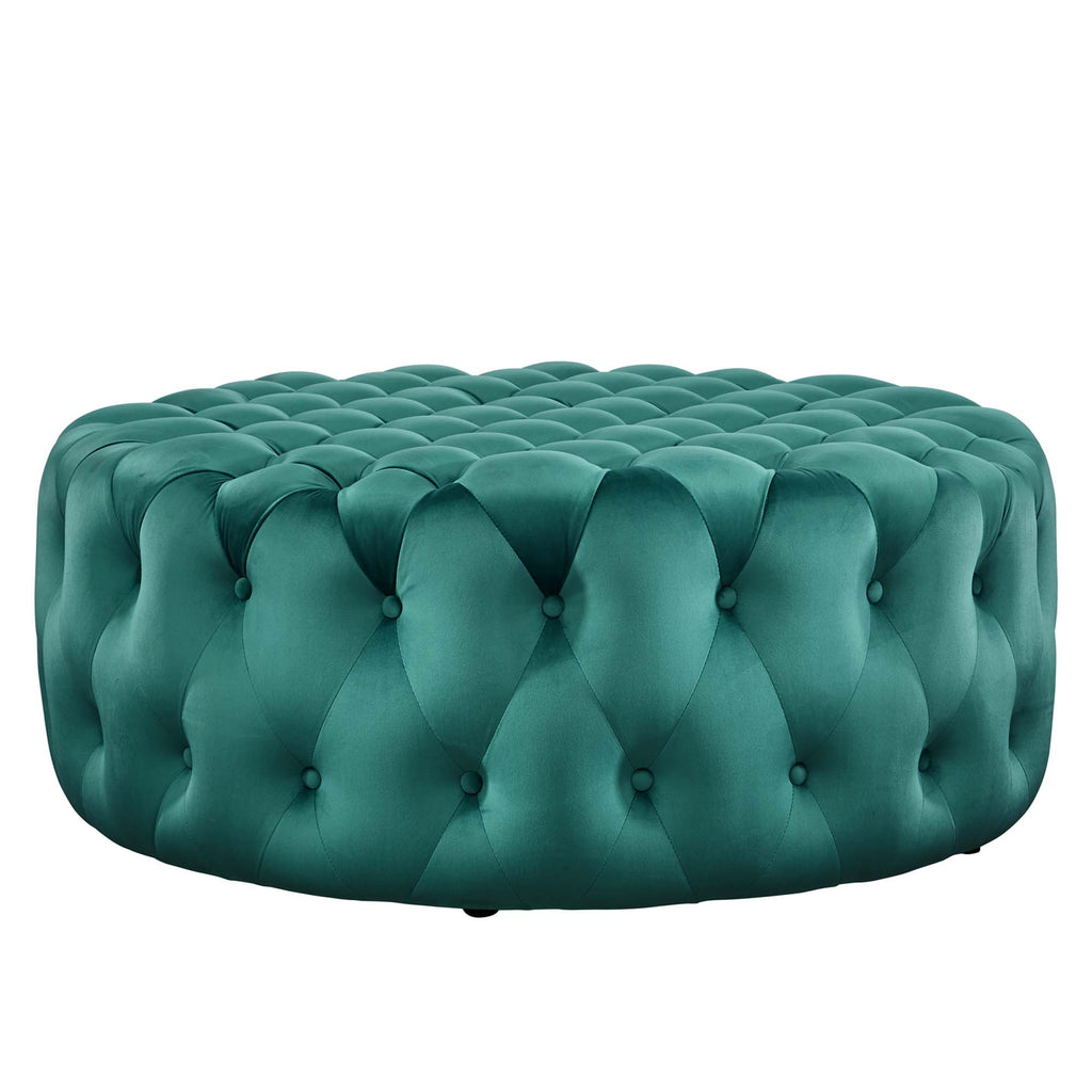 Amour Tufted Button Large Round Performance Velvet Ottoman - Teal