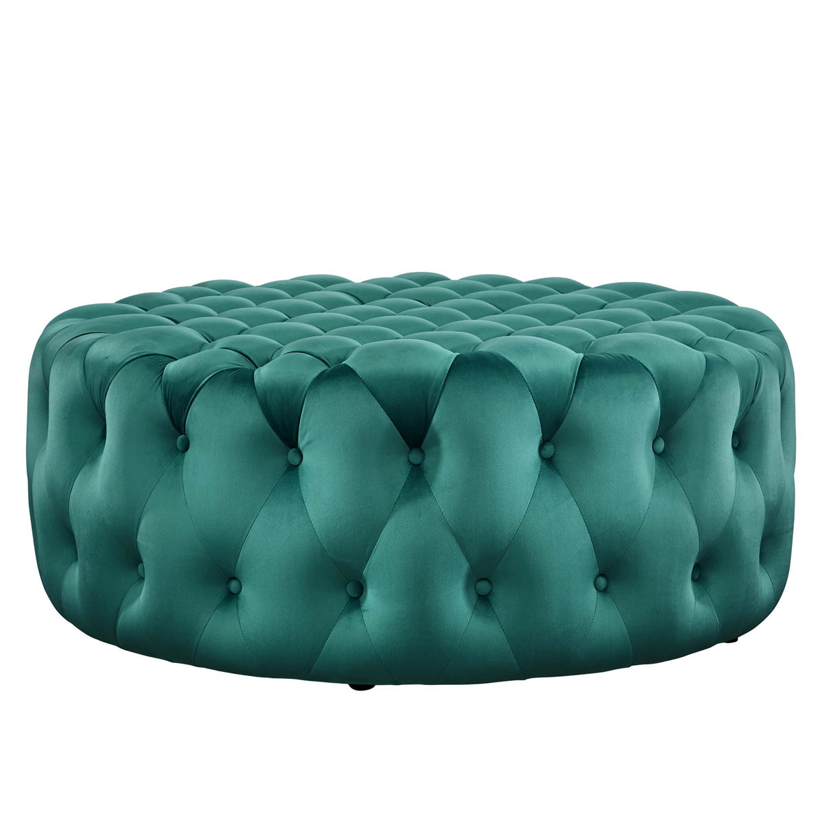 Amour Tufted Button Large Round Performance Velvet Ottoman - Teal