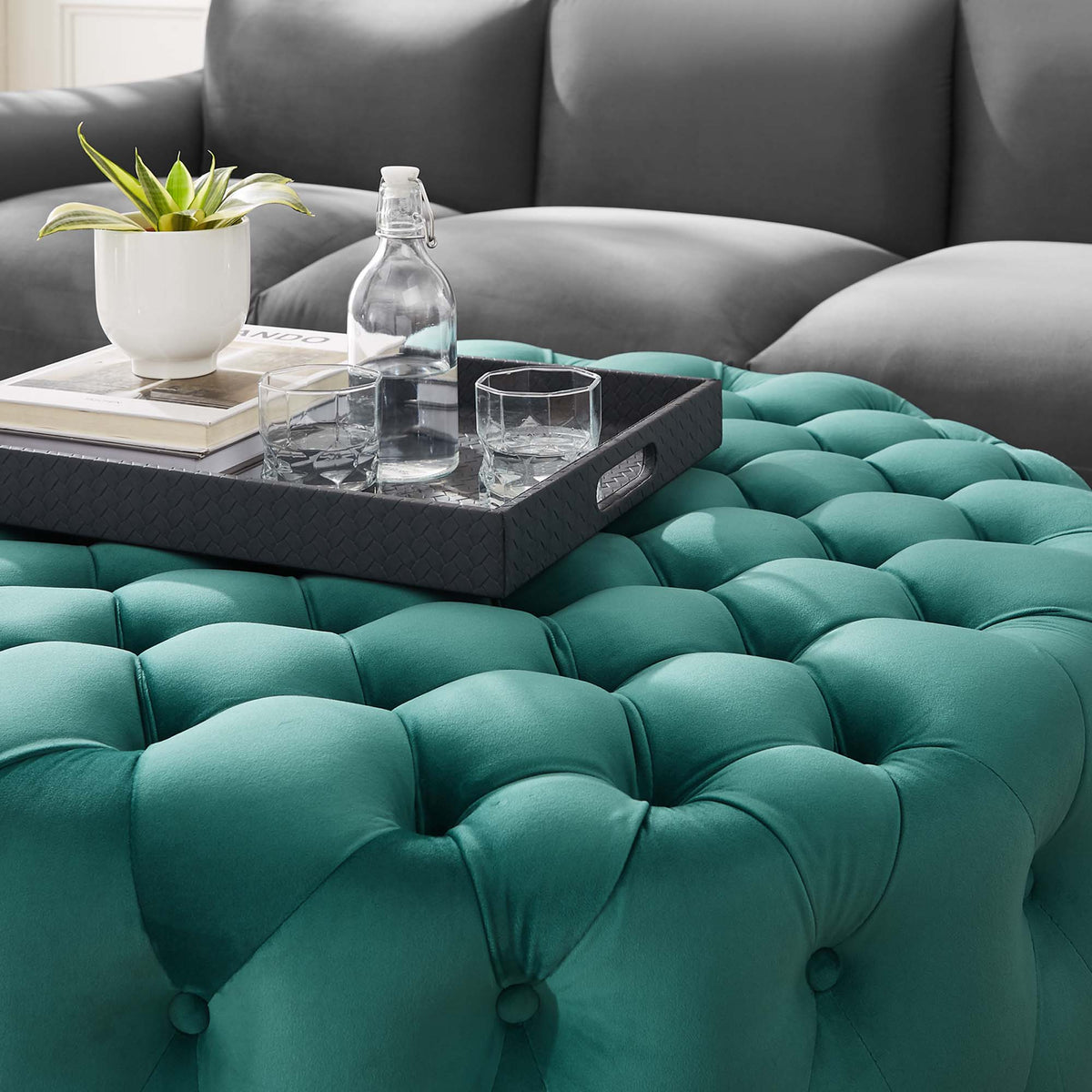 Amour Tufted Button Large Round Performance Velvet Ottoman - Teal