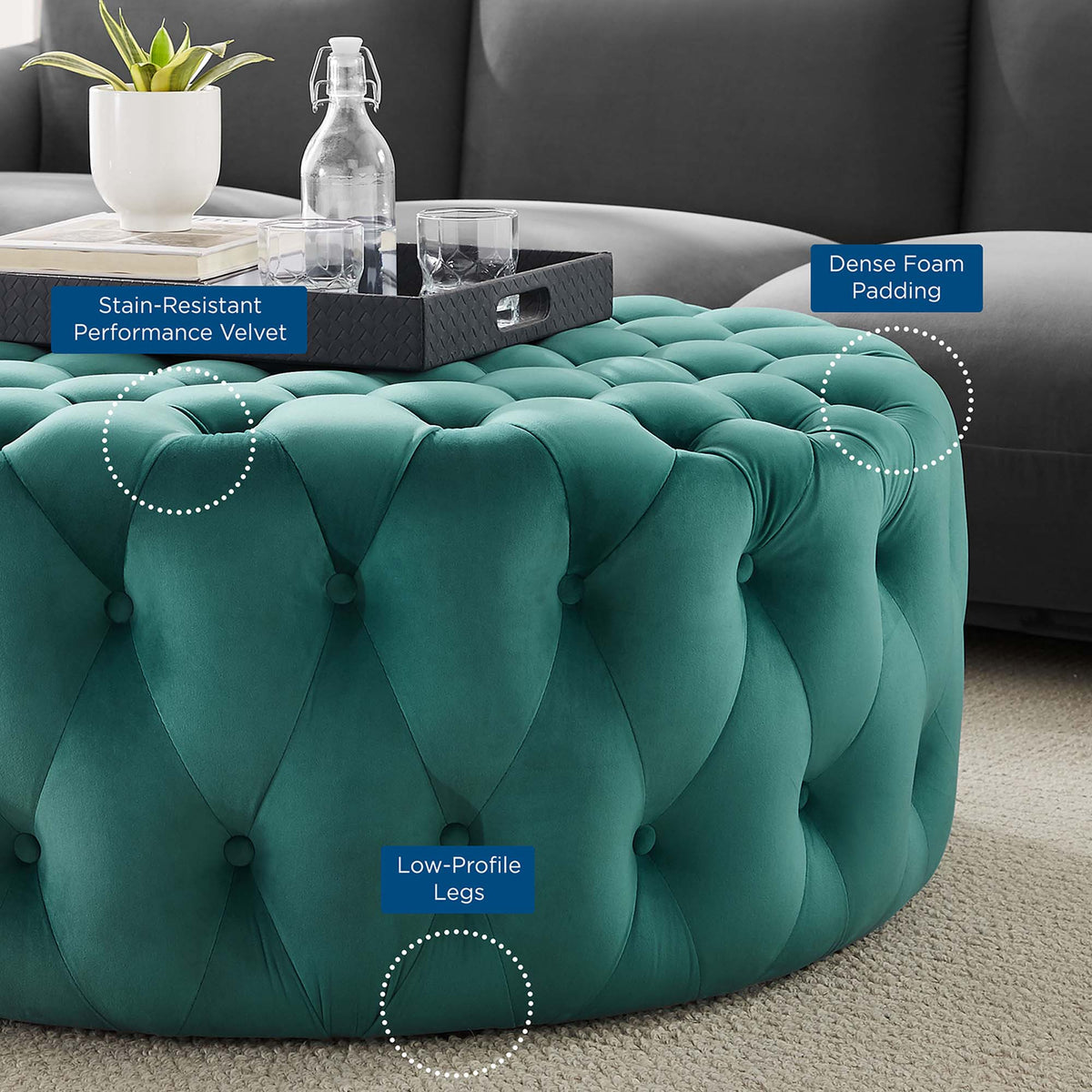 Amour Tufted Button Large Round Performance Velvet Ottoman - Teal