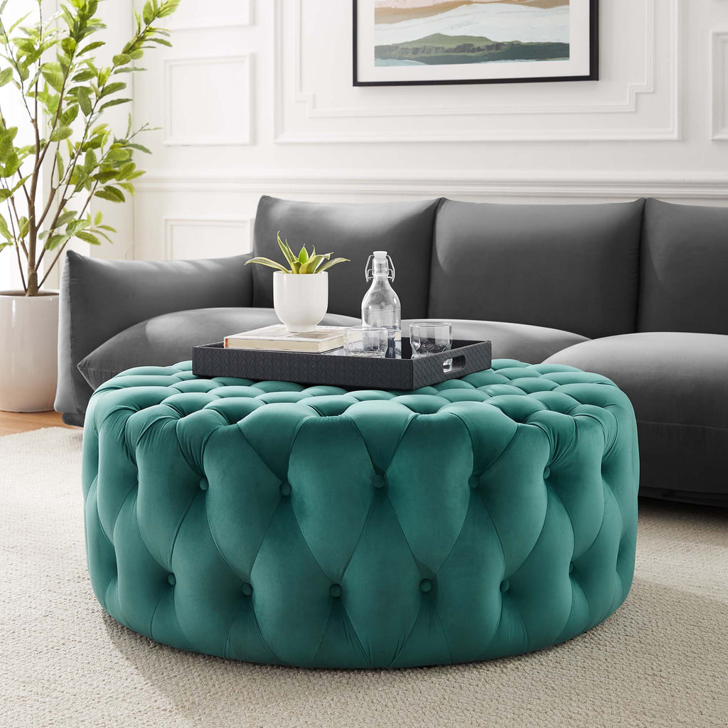 Amour Tufted Button Large Round Performance Velvet Ottoman - Teal