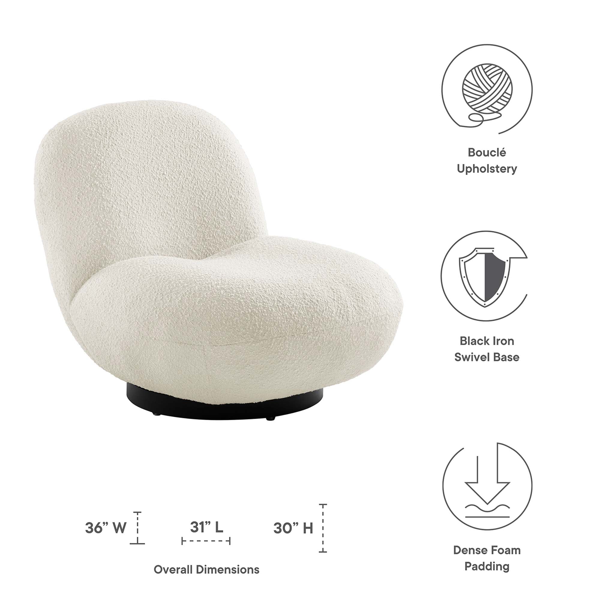 Kindred Boucle Upholstered Upholstered Fabric Swivel Chair - Black Ivory