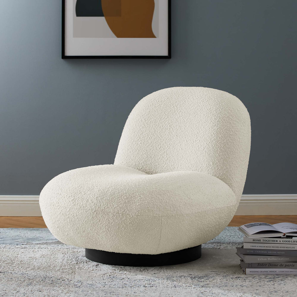 Kindred Boucle Upholstered Upholstered Fabric Swivel Chair - Black Ivory