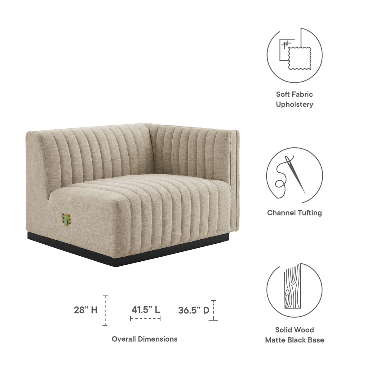 Conjure Channel Tufted Upholstered Fabric Right-Arm Chair - BlackBeige
