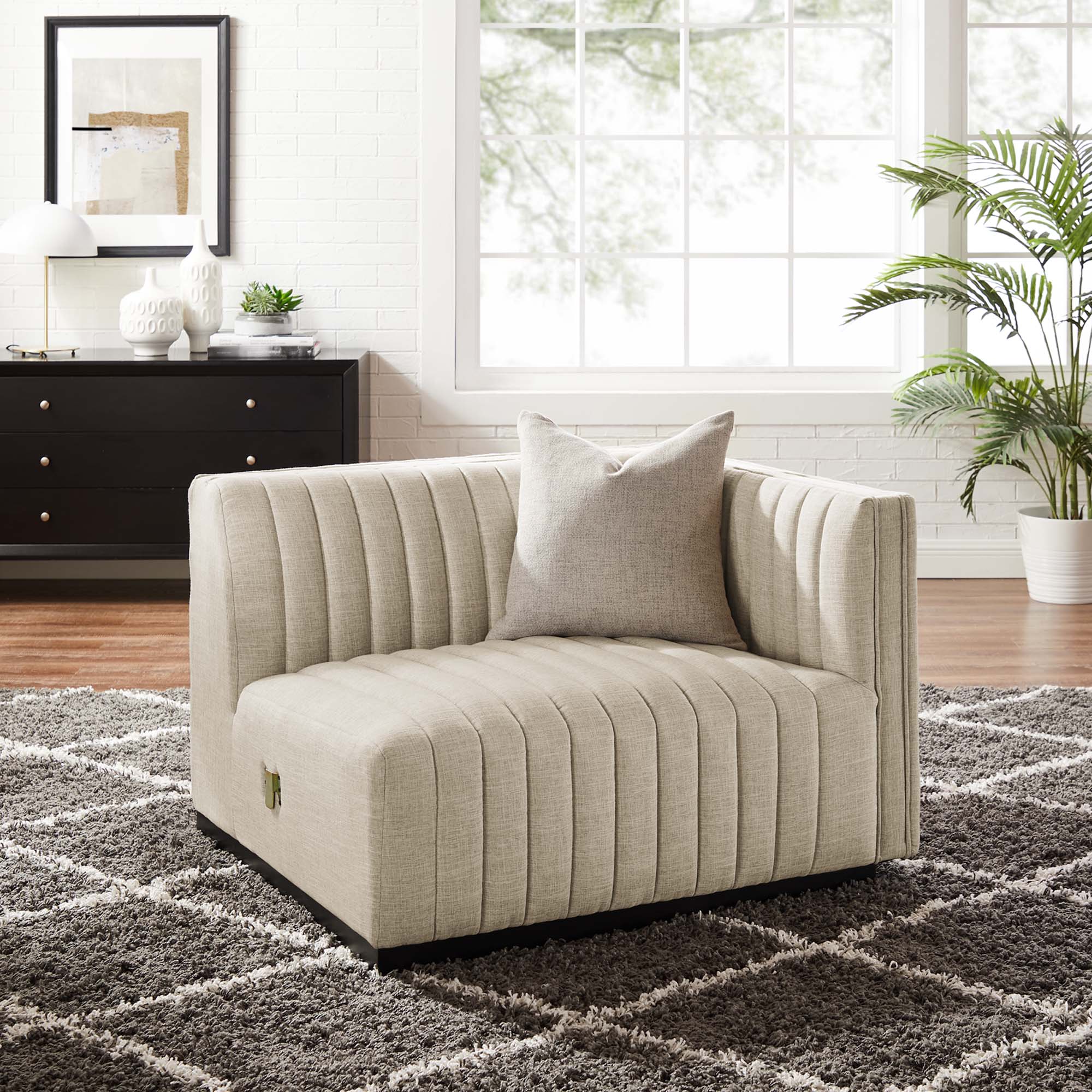 Conjure Channel Tufted Upholstered Fabric Right-Arm Chair - BlackBeige