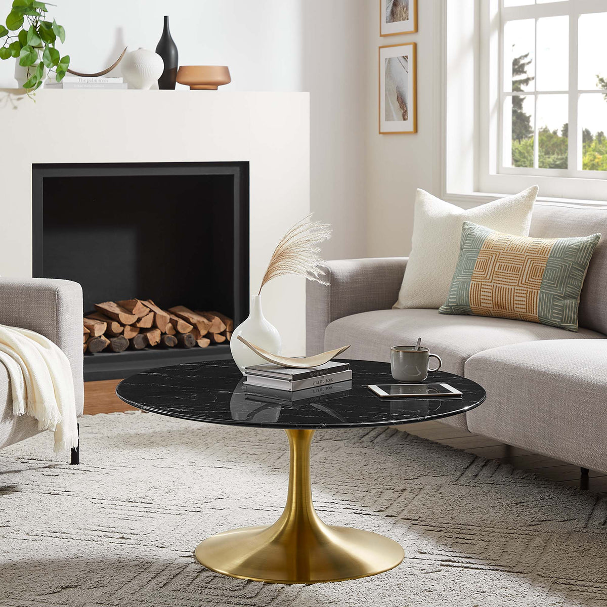 Lippa 36" Round Faux Marble Coffee Table - Gold Black