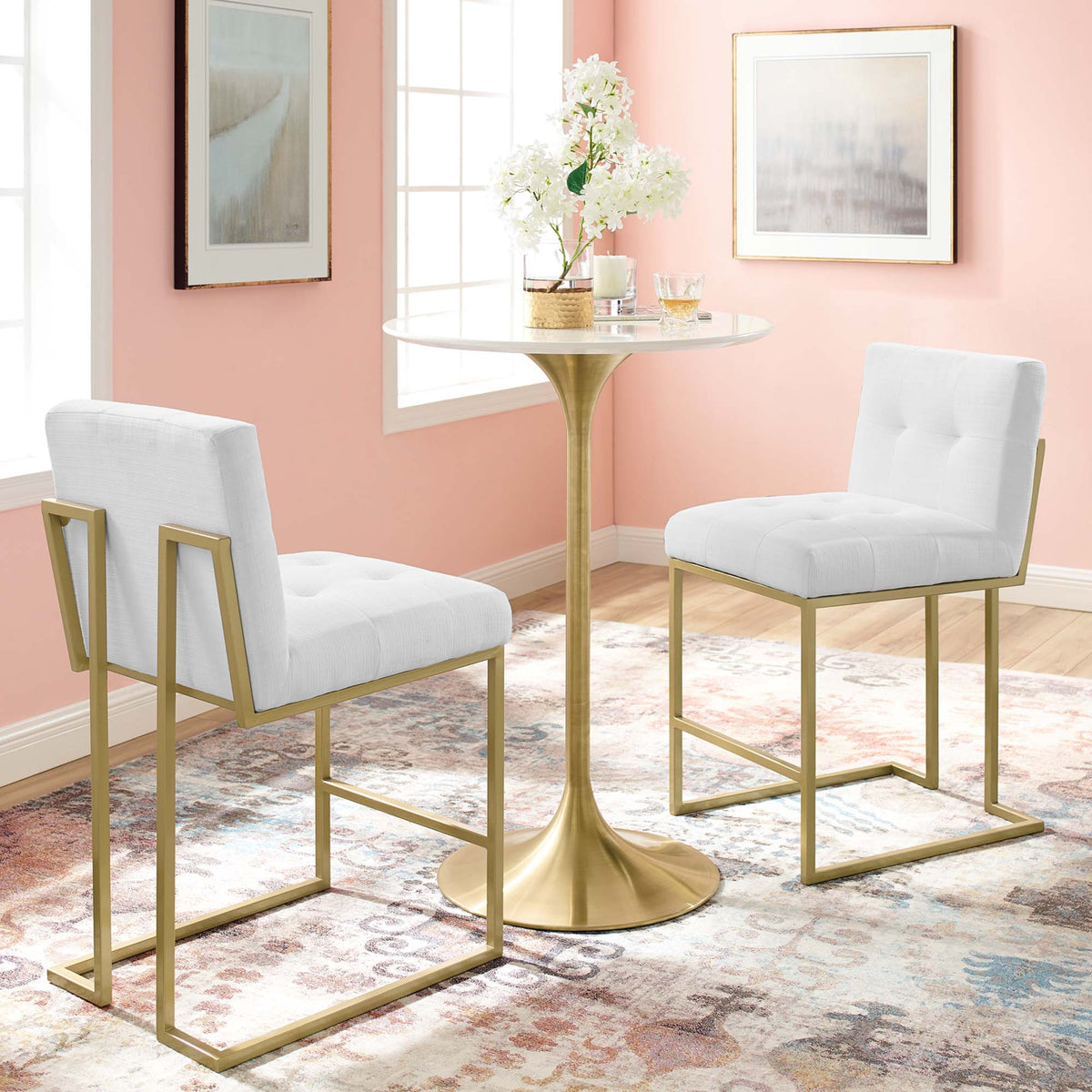 Privy Upholstered Fabric Counter Stool Set of 2 - Gold White