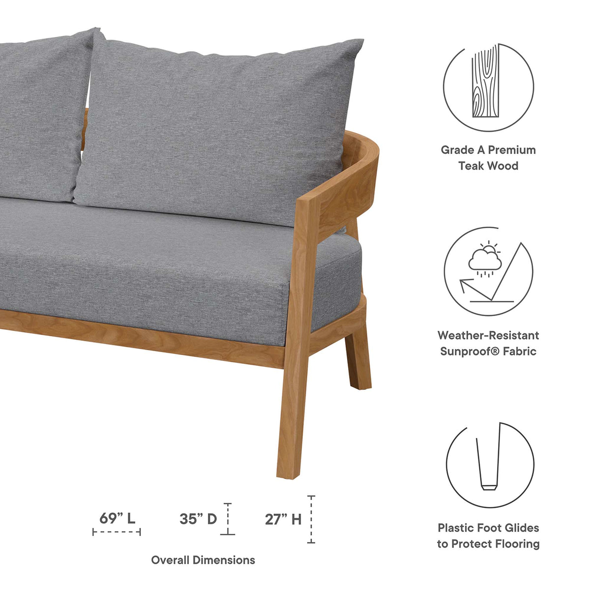 Brisbane Teak Wood Outdoor Patio Loveseat - Natural Gray