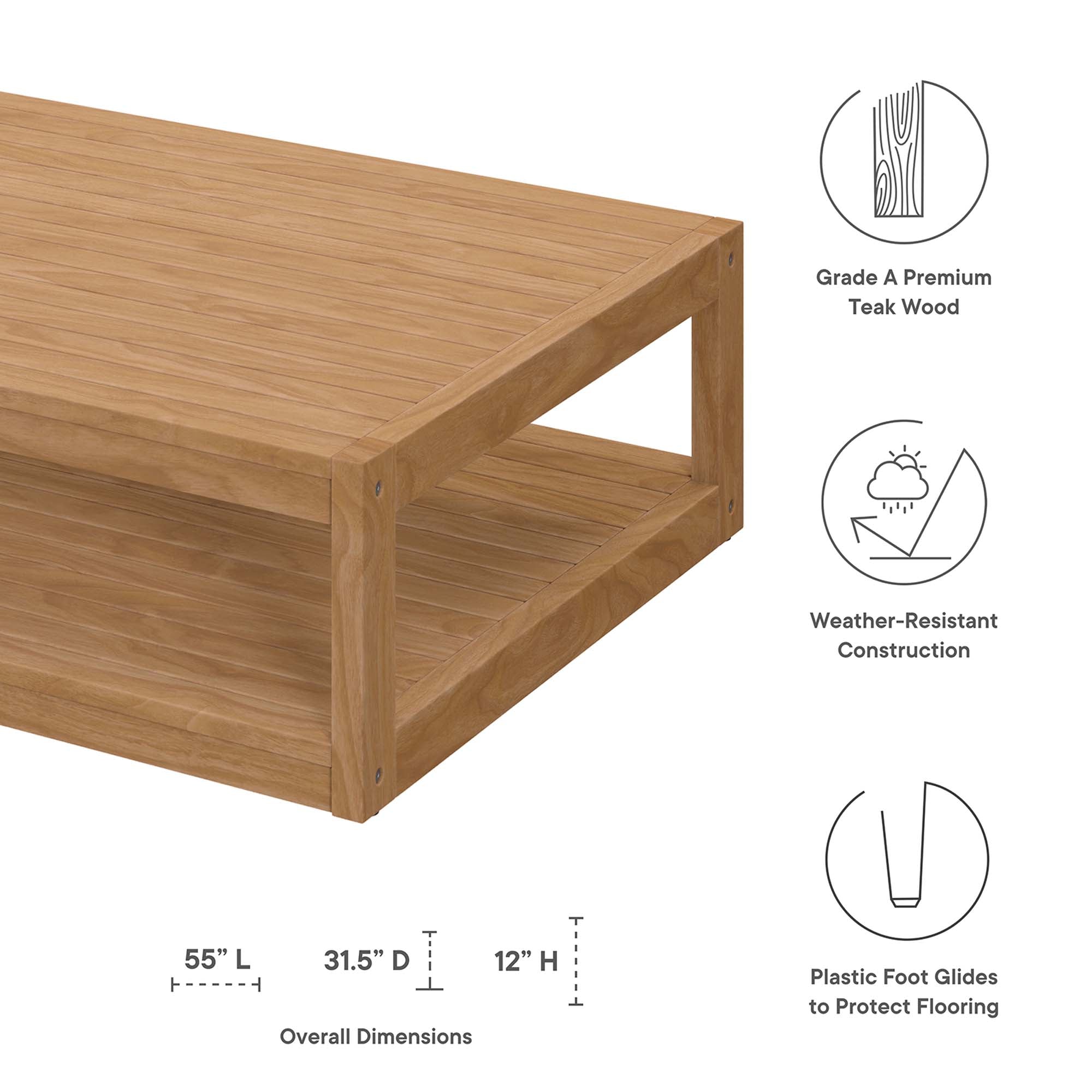 Carlsbad Teak Wood Outdoor Patio Coffee Table - Natural