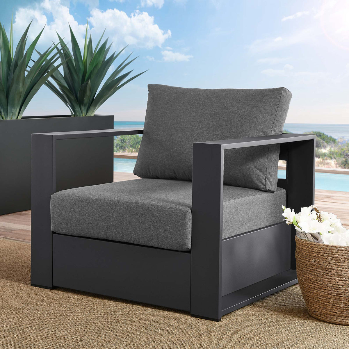 Tahoe Outdoor Patio Powder-Coated Aluminum Armchair - Gray Charcoal