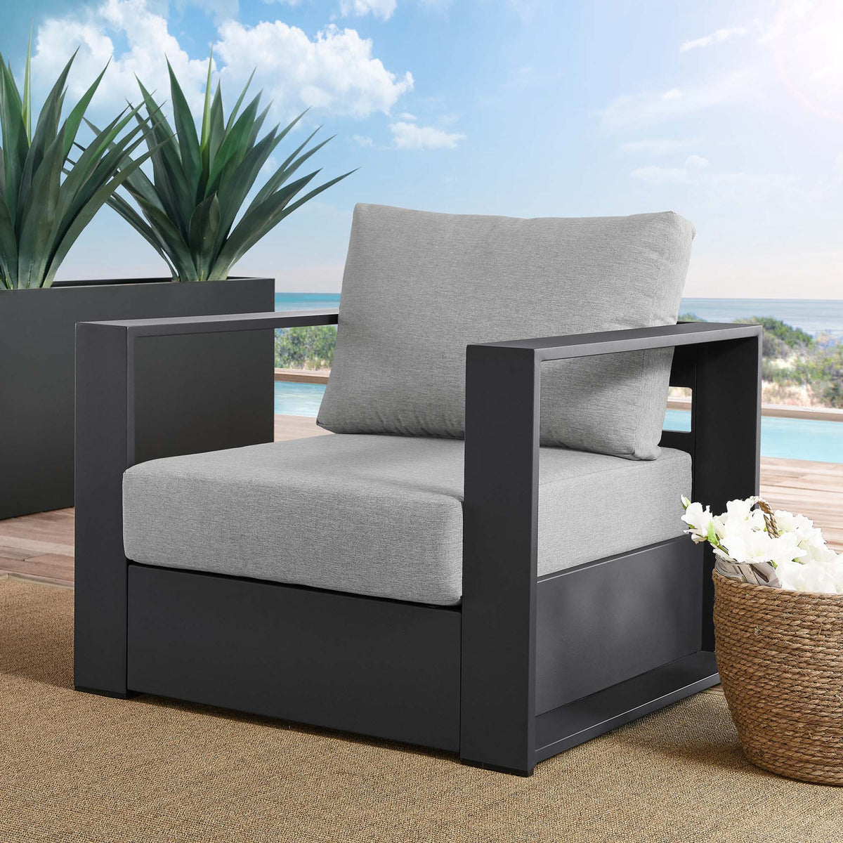 Tahoe Outdoor Patio Powder-Coated Aluminum Armchair - Gray Gray