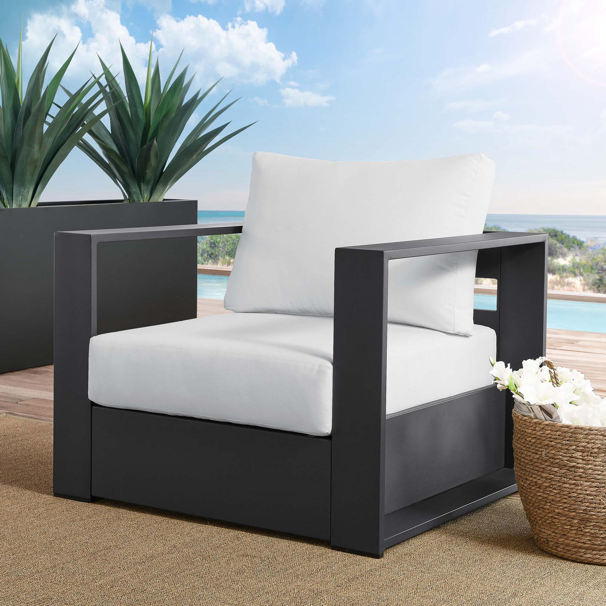 Tahoe Outdoor Patio Powder-Coated Aluminum Armchair - Gray White