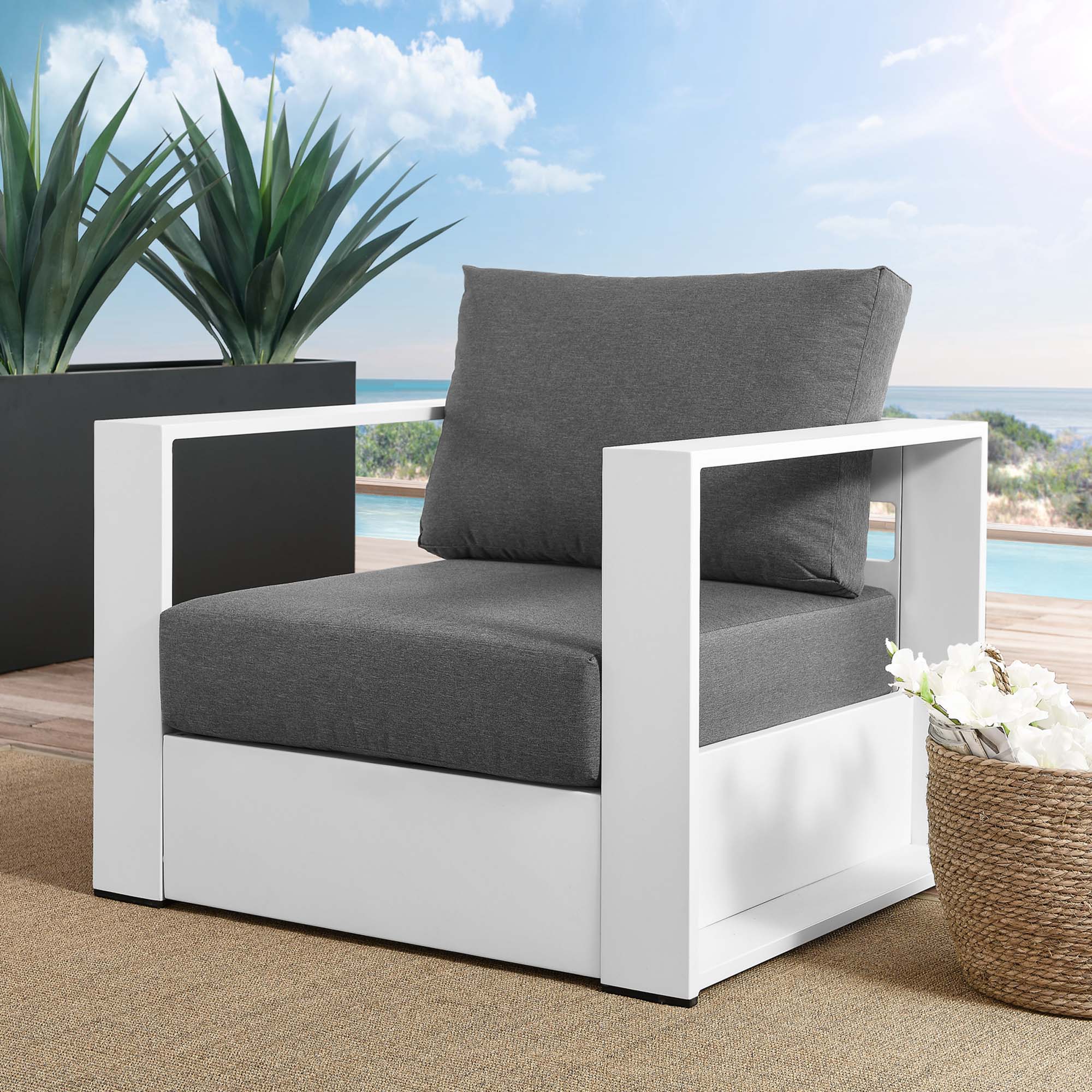 Tahoe Outdoor Patio Powder-Coated Aluminum Armchair - White Charcoal