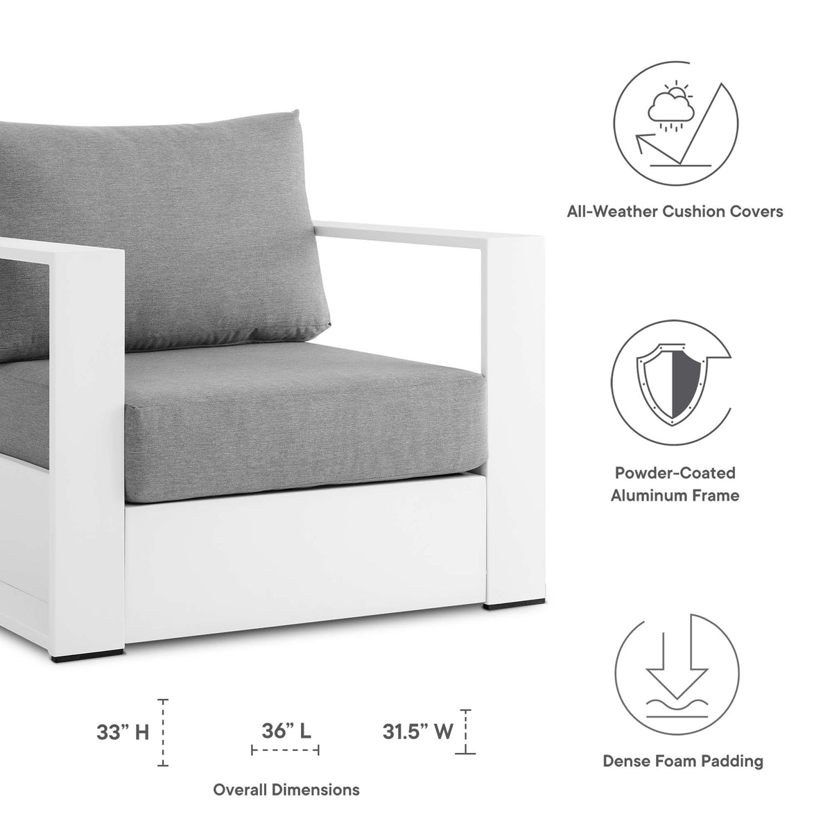 Tahoe Outdoor Patio Powder-Coated Aluminum Armchair - White Gray