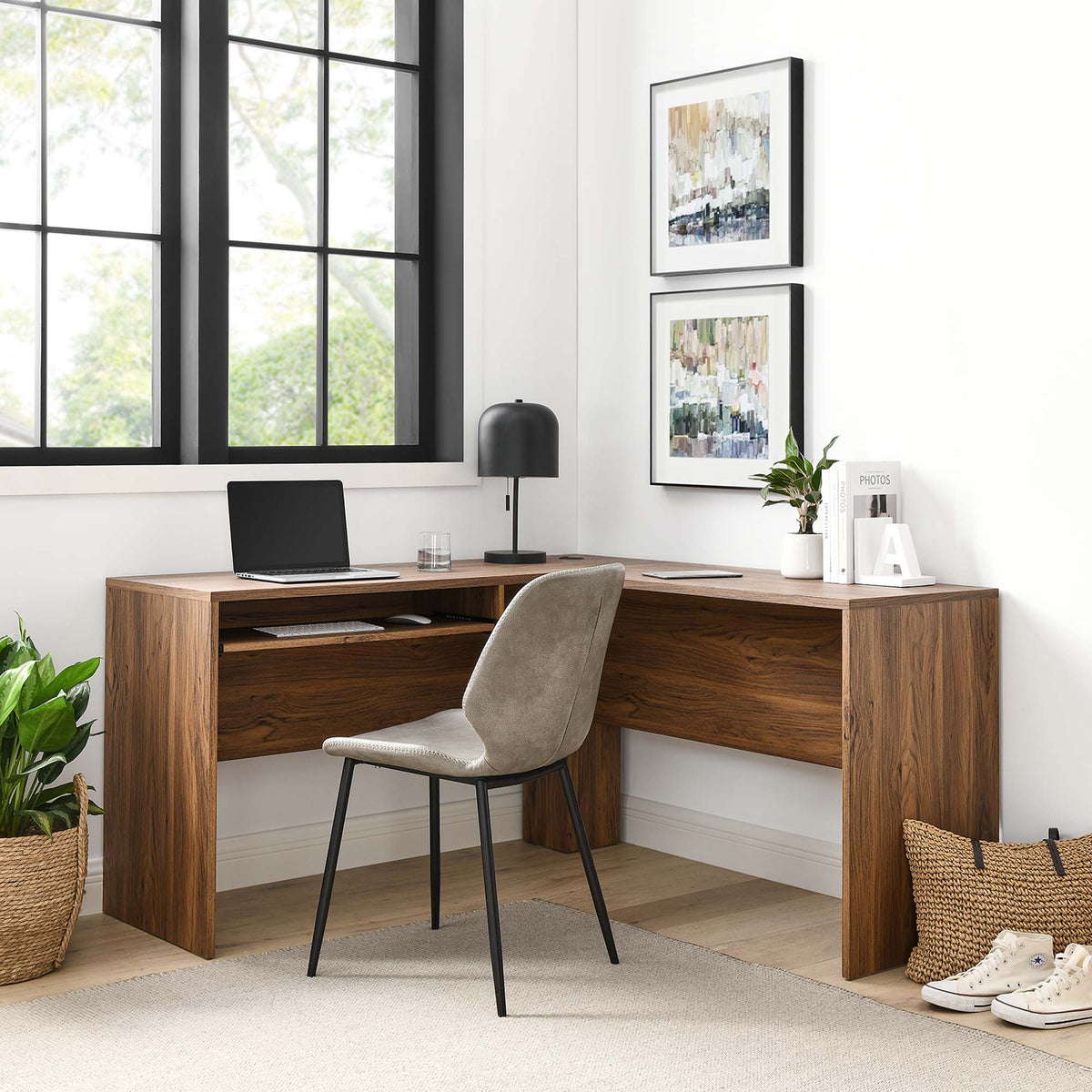 Venture L-Shaped Wood Office Desk - Walnut