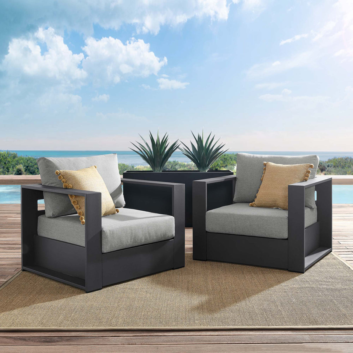 Tahoe 2-Piece Outdoor Patio Powder-Coated Aluminum Armchair Set - Gray Gray