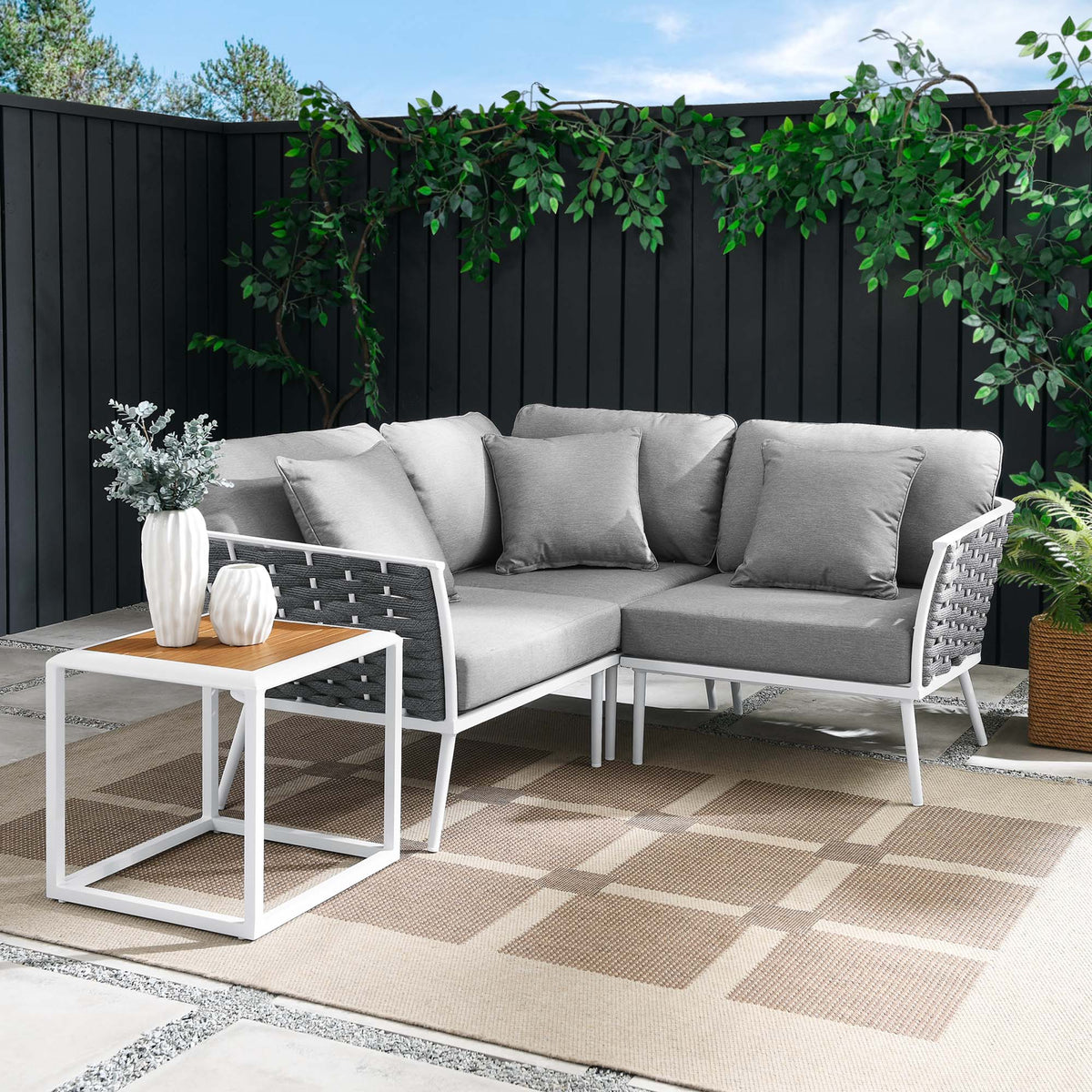 Stance 4 Piece Outdoor Patio Aluminum Sectional Sofa Set - White Gray