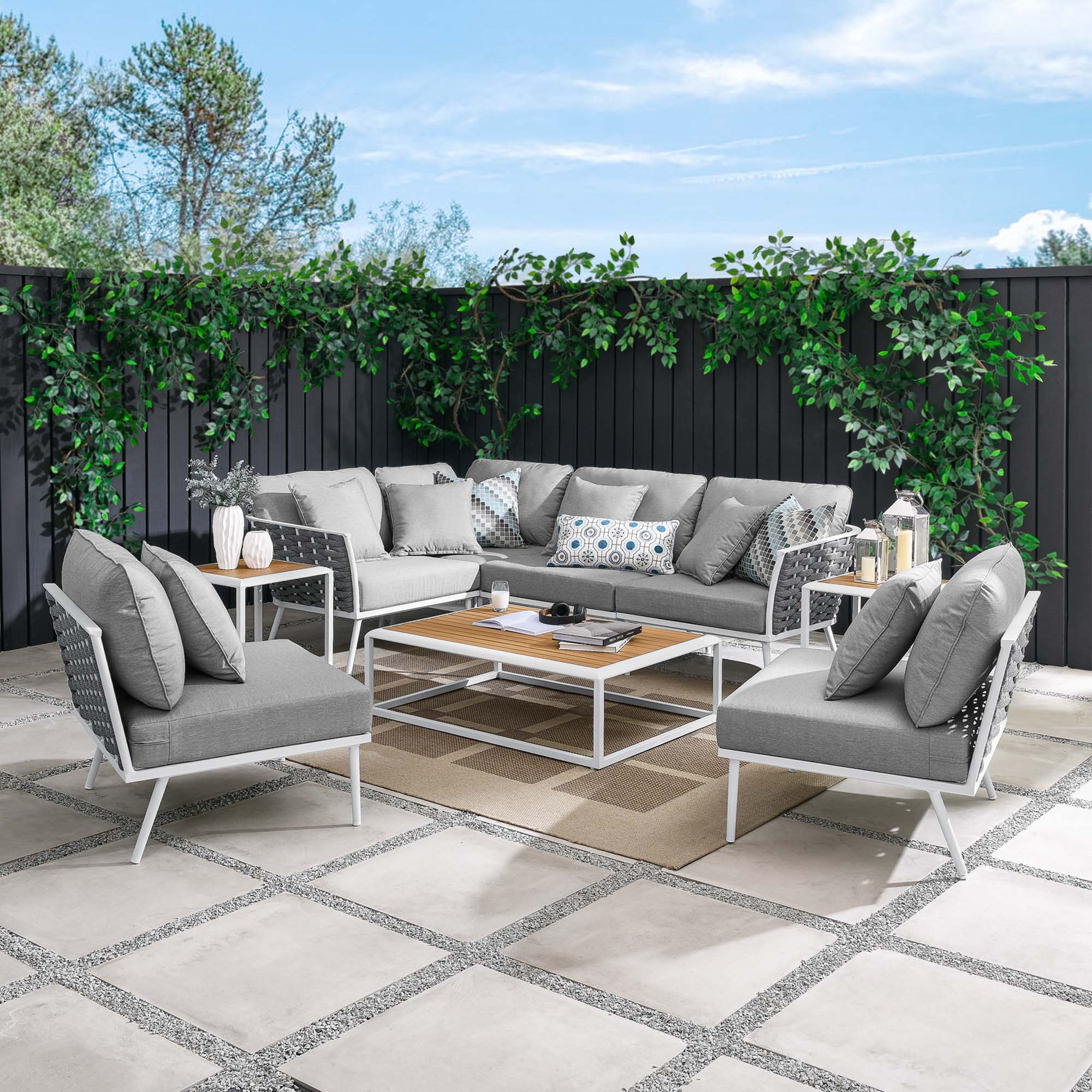Stance 9 Piece Aluminum Outdoor Patio Aluminum Sectional Sofa Set - White Gray