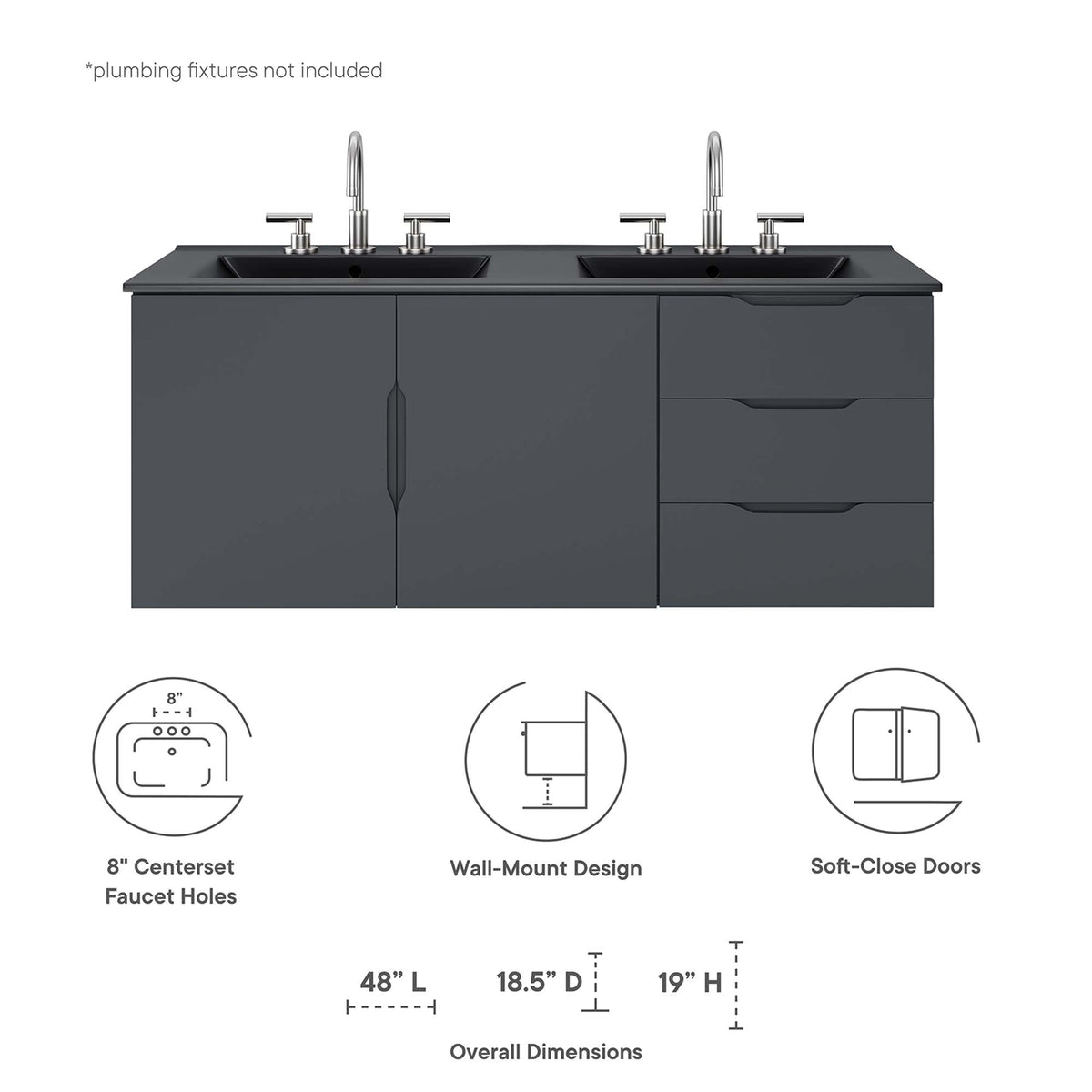 Vitality 48" Double Sink Bathroom Vanity - Gray Black