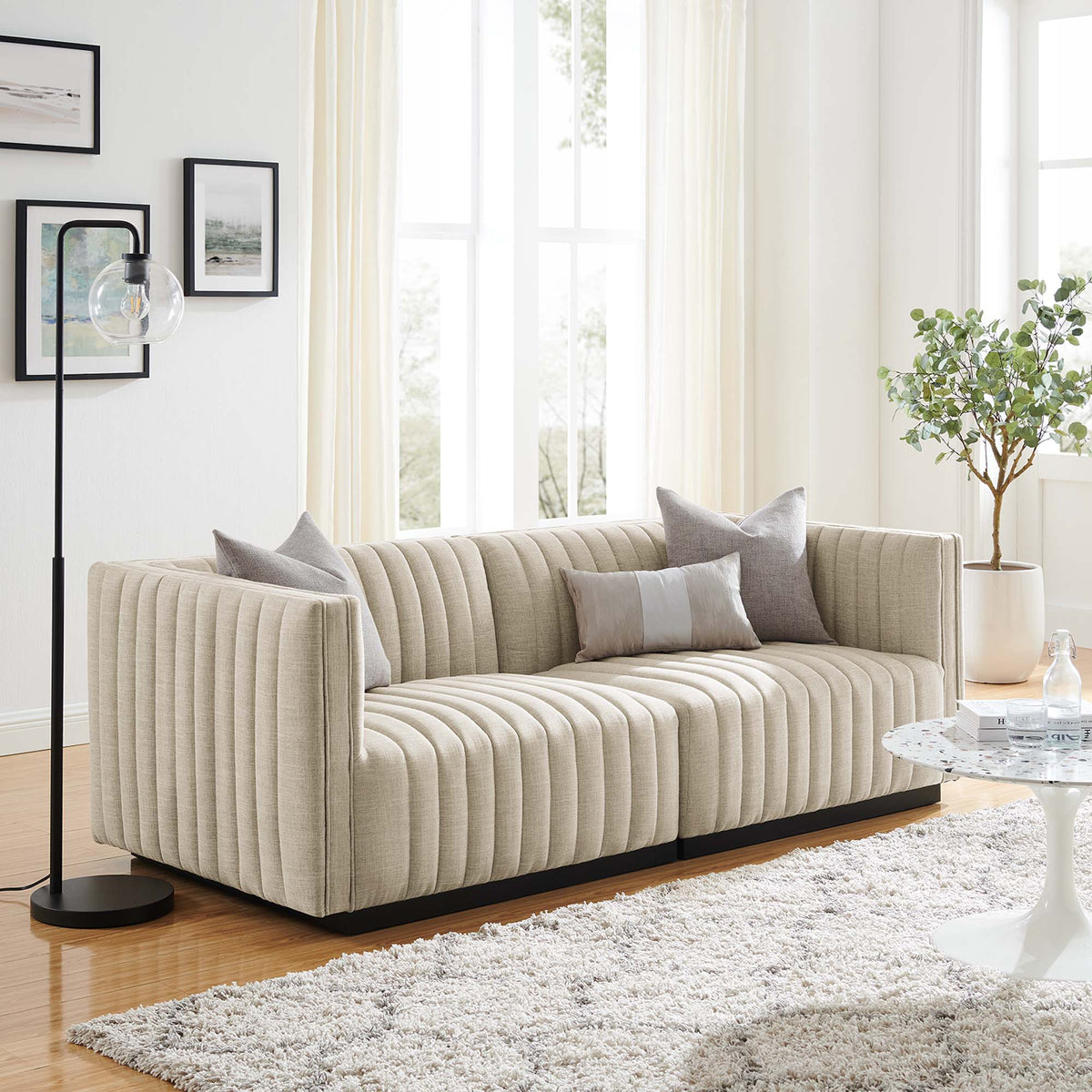 Conjure Channel Tufted Upholstered Fabric Loveseat - Black Beige