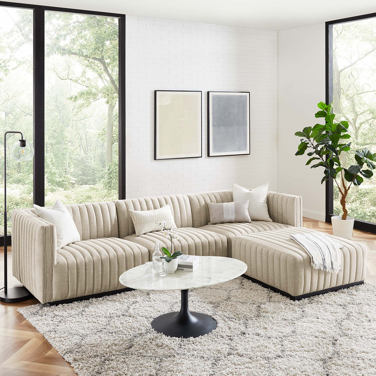 Conjure 4-Piece Channel Tufted Upholstered Fabric Sectional Sofa - Black Beige