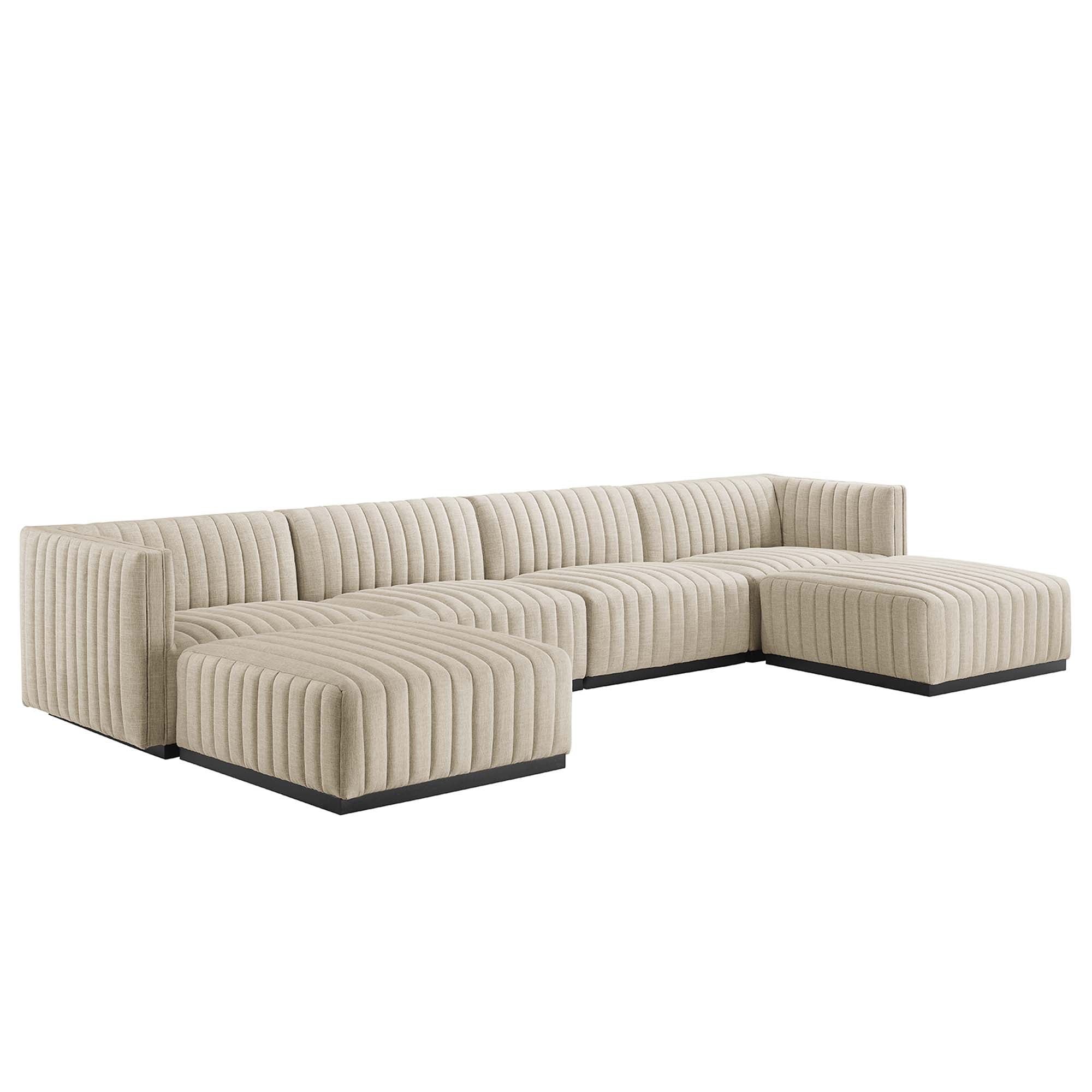 Conjure 6-Piece Channel Tufted Upholstered Fabric Sectional Sofa - Black Beige
