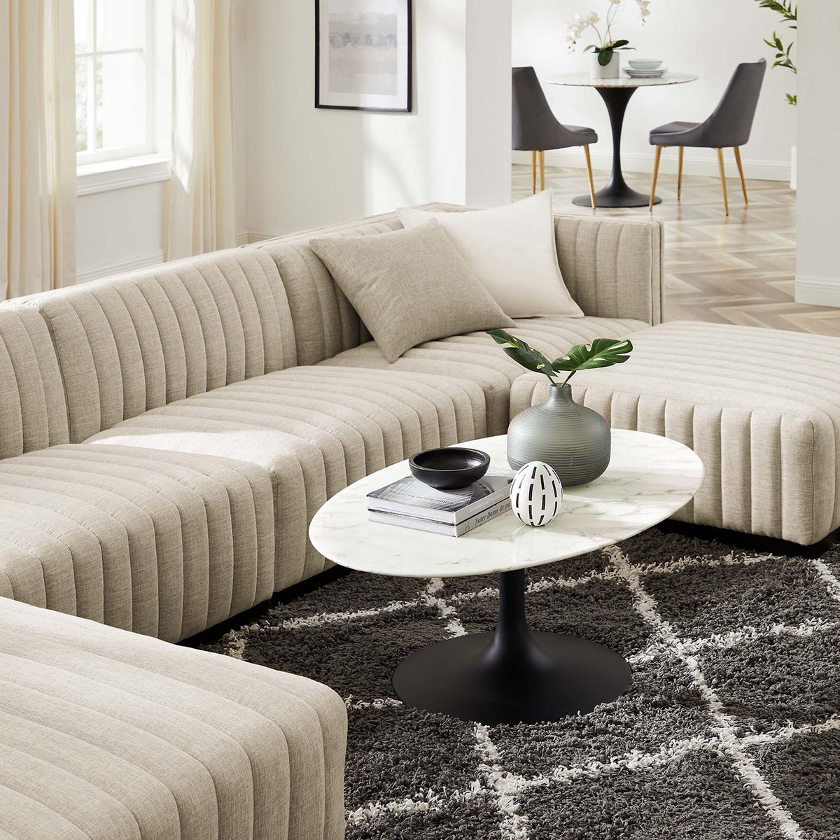 Conjure 6-Piece Channel Tufted Upholstered Fabric Sectional Sofa - Black Beige