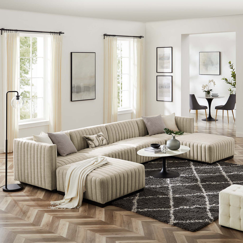 Conjure 6-Piece Channel Tufted Upholstered Fabric Sectional Sofa - Black Beige