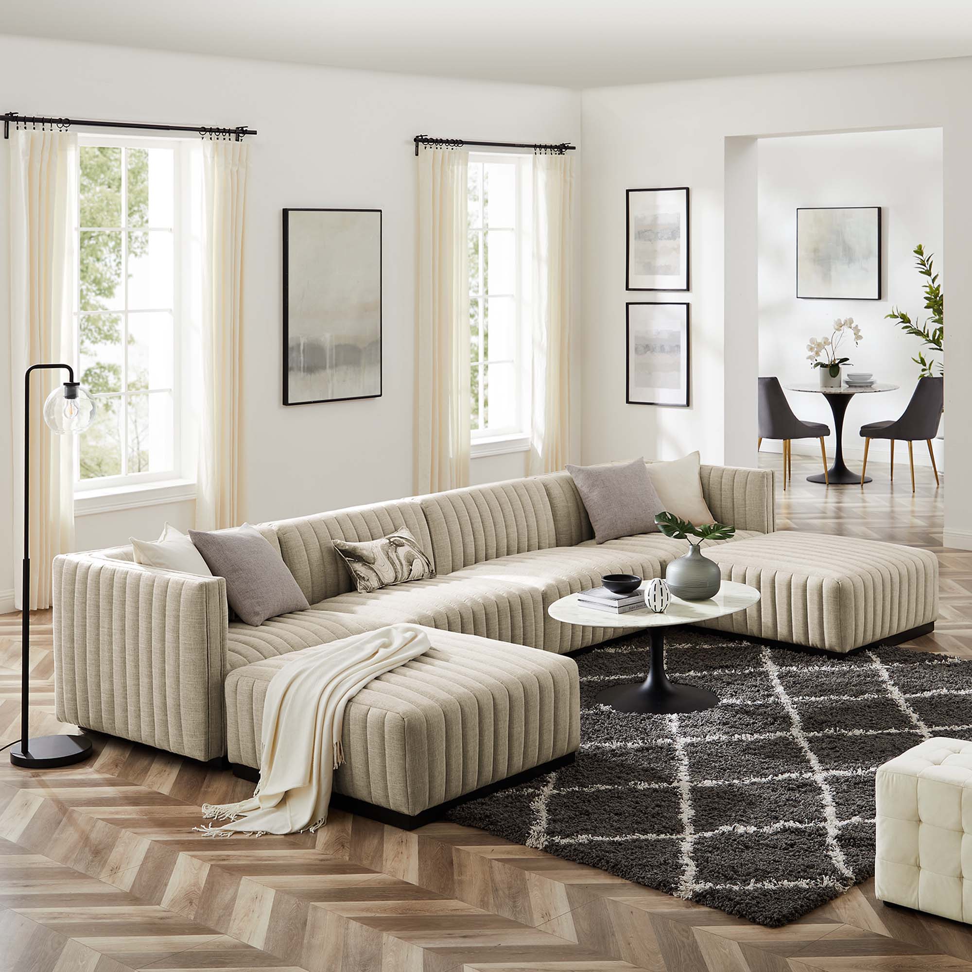 Conjure 6-Piece Channel Tufted Upholstered Fabric Sectional Sofa - Black Beige