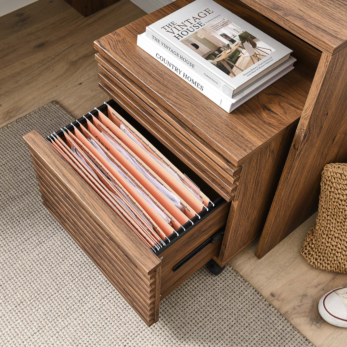 Render Wood Desk and File Cabinet Set - Walnut