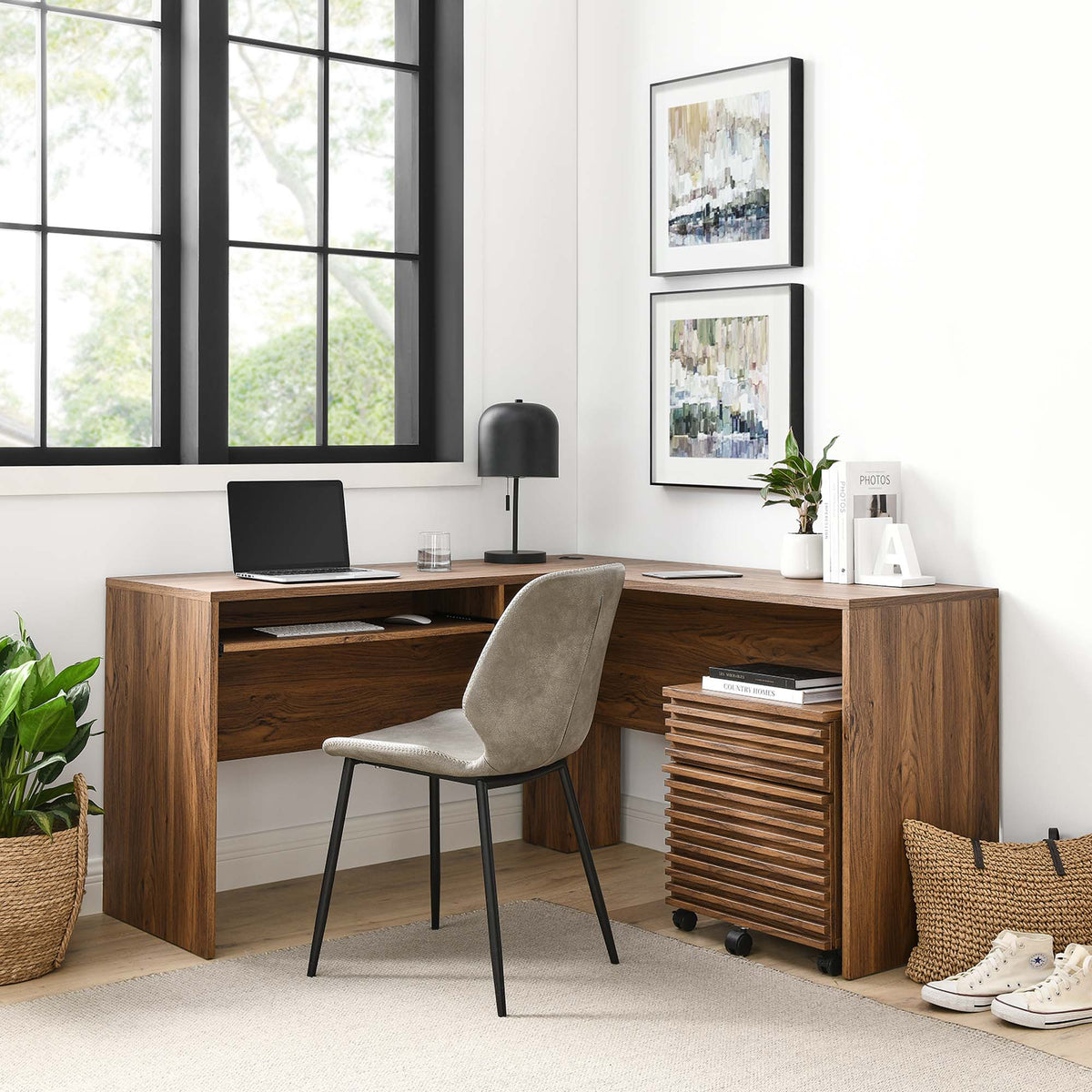 Render Wood Desk and File Cabinet Set - Walnut