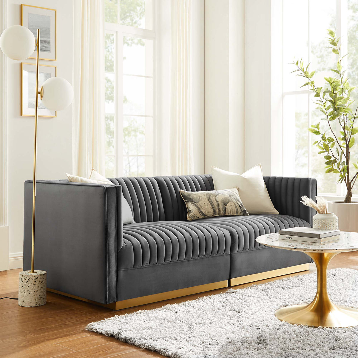 Sanguine Channel Tufted Performance Velvet Modular Sectional Sofa Loveseat - Gray