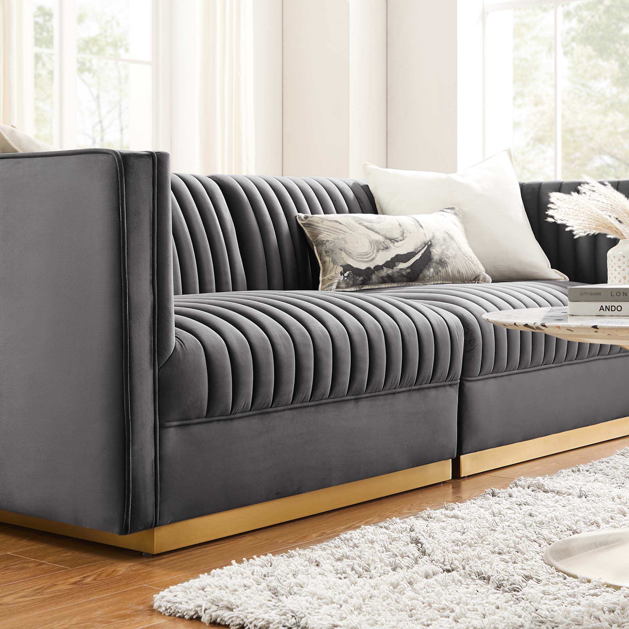 Sanguine Channel Tufted Performance Velvet Modular Sectional Sofa Loveseat - Gray