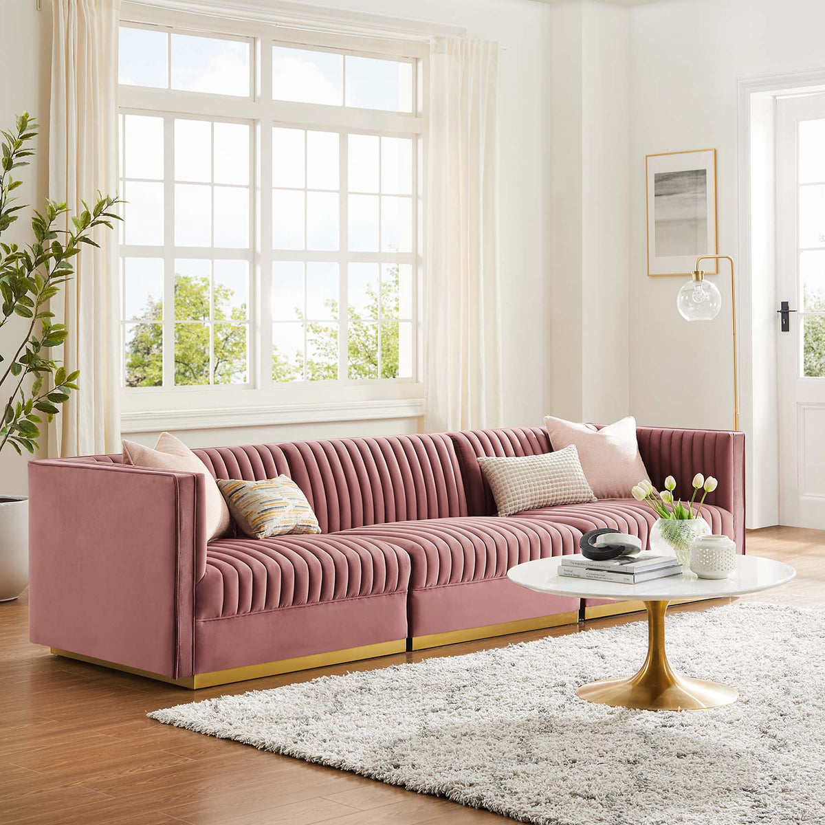 Sanguine Channel Tufted Performance Velvet 3-Seat Modular Sectional Sofa - Dusty Rose