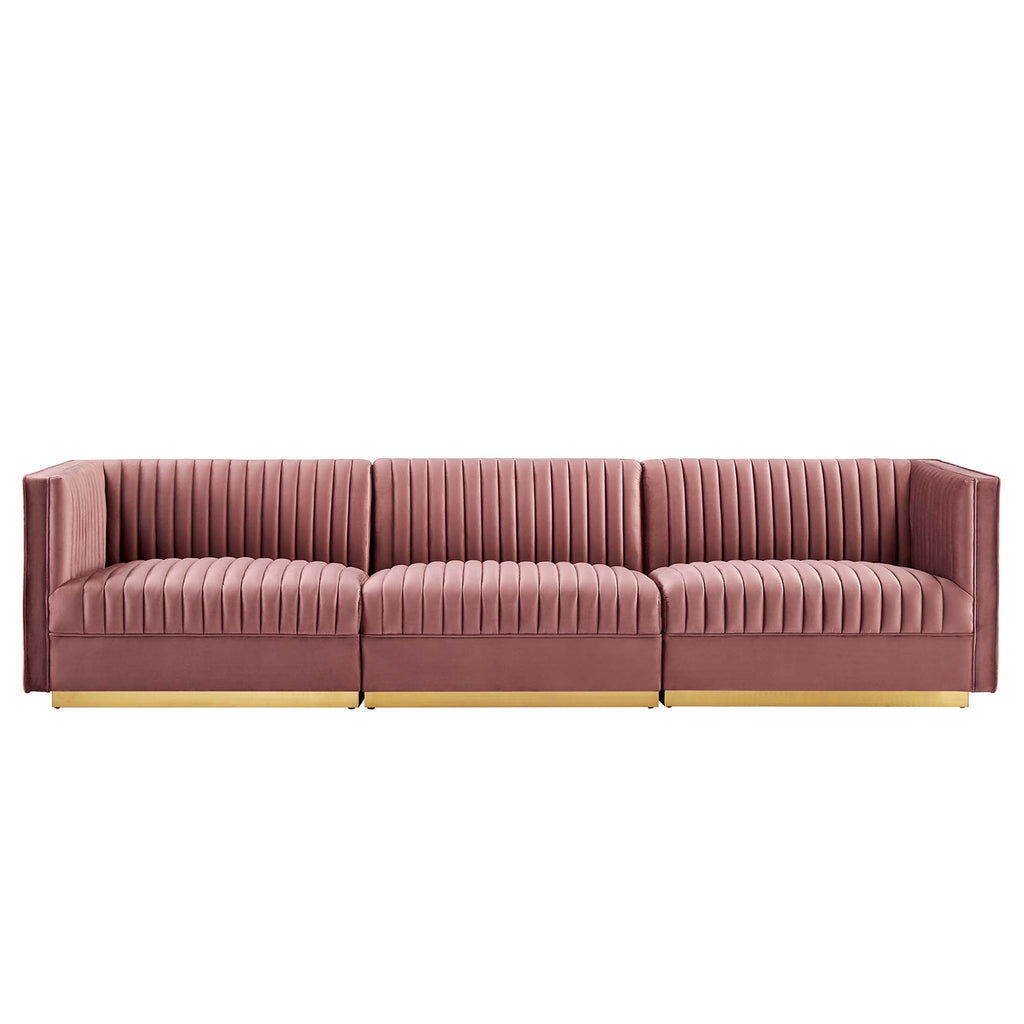 Sanguine Channel Tufted Performance Velvet 3-Seat Modular Sectional Sofa - Dusty Rose