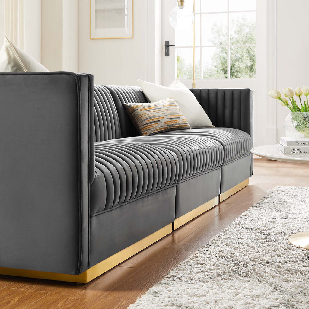 Sanguine Channel Tufted Performance Velvet 3-Seat Modular Sectional Sofa - Gray
