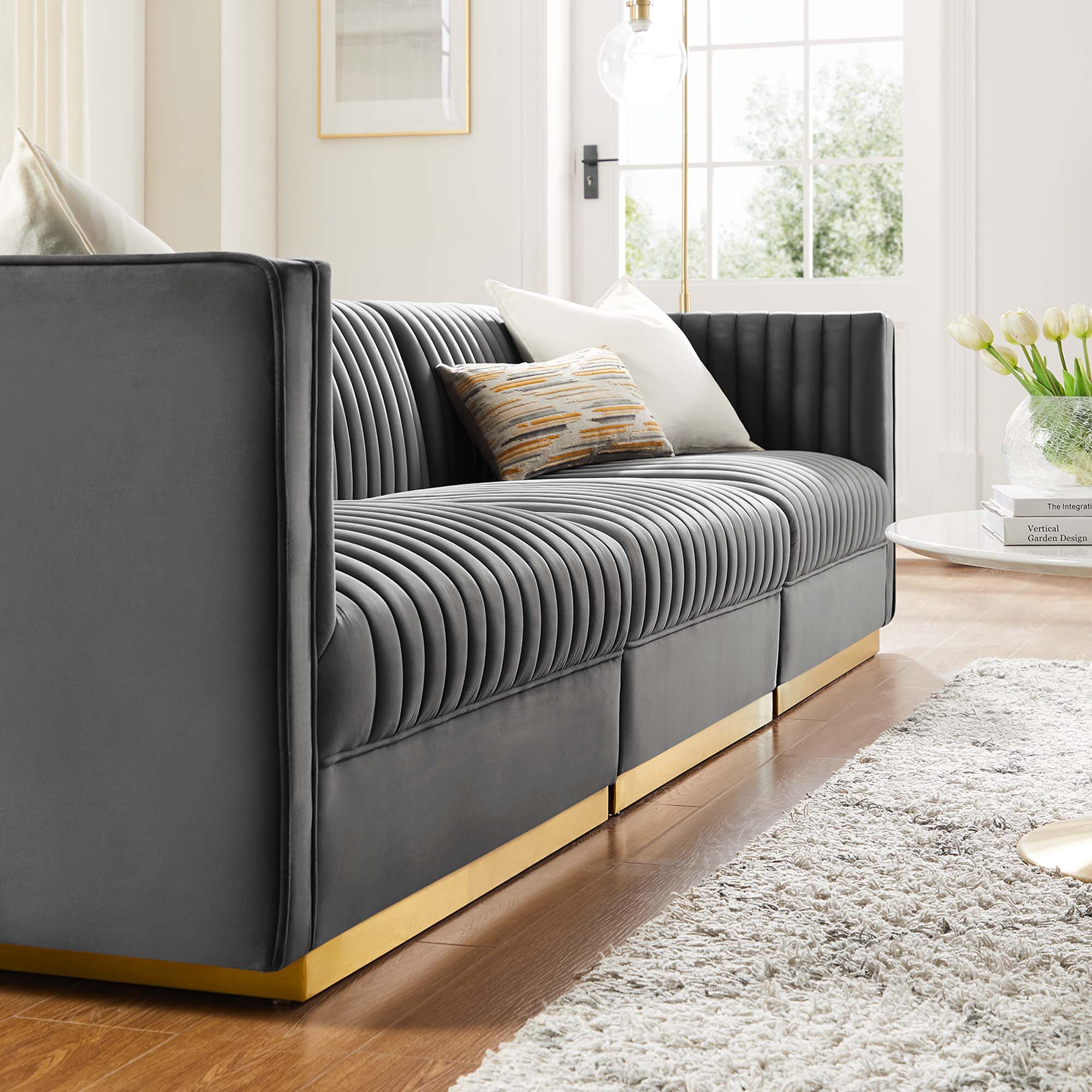 Sanguine Channel Tufted Performance Velvet 3-Seat Modular Sectional Sofa - Gray