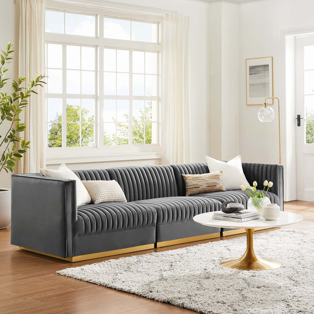Sanguine Channel Tufted Performance Velvet 3-Seat Modular Sectional Sofa - Gray