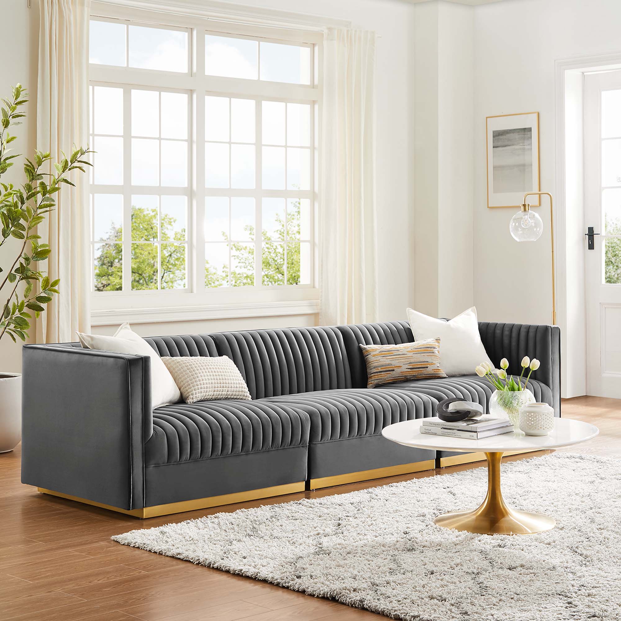 Sanguine Channel Tufted Performance Velvet 3-Seat Modular Sectional Sofa - Gray