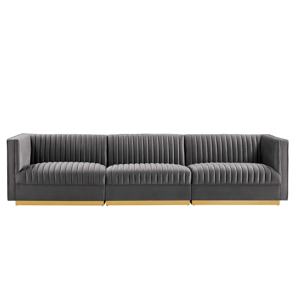 Sanguine Channel Tufted Performance Velvet 3-Seat Modular Sectional Sofa - Gray