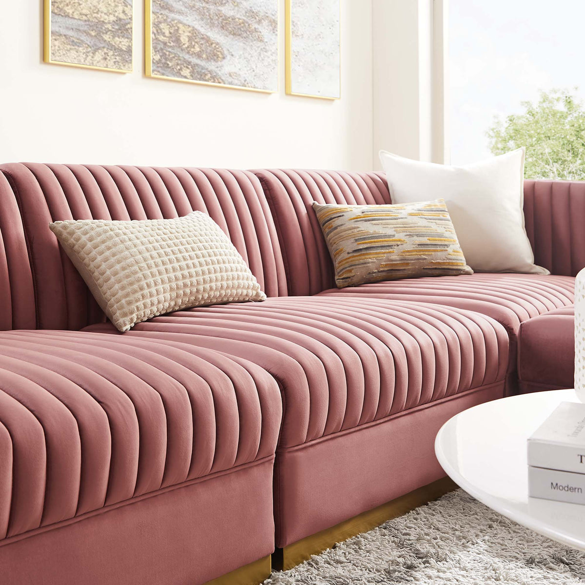 Sanguine 4-Piece Channel Tufted Performance Velvet Modular Sectional Sofa - Dusty Rose