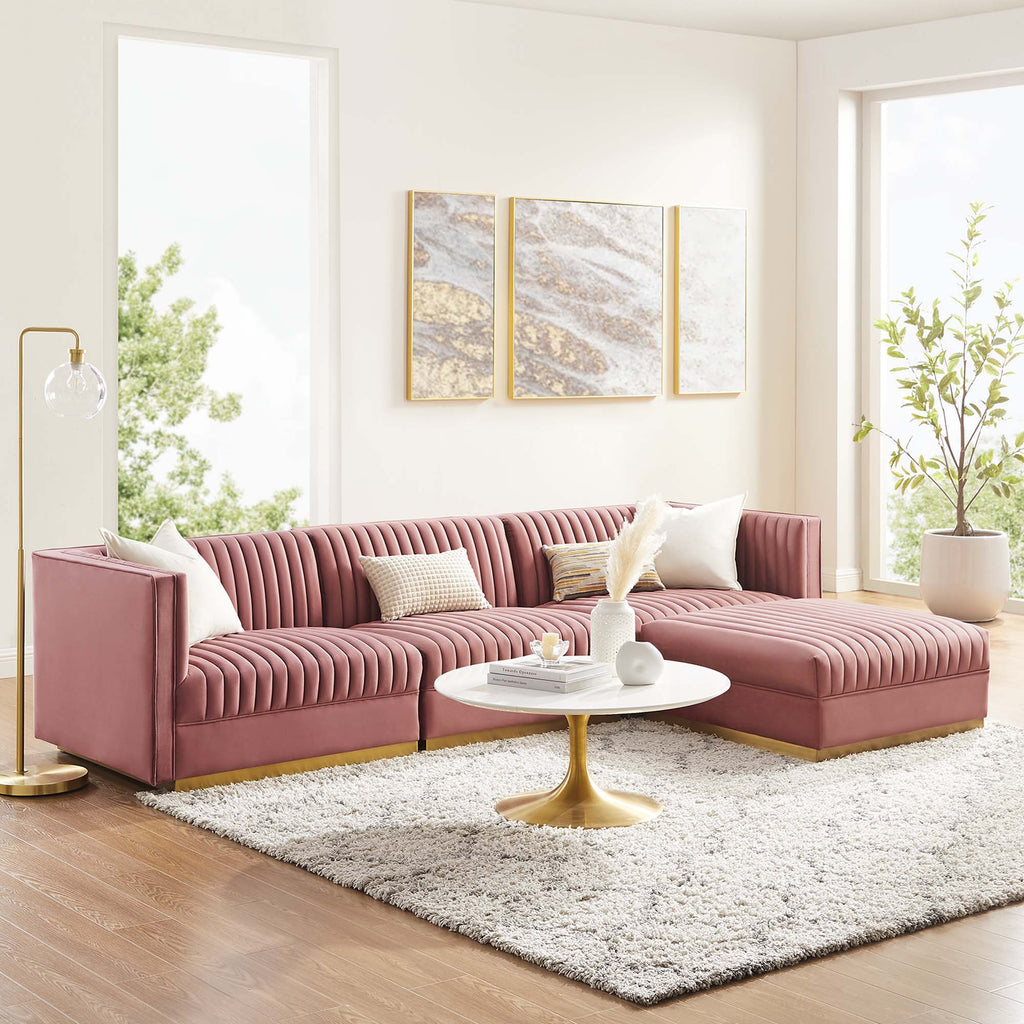 Sanguine 4-Piece Channel Tufted Performance Velvet Modular Sectional Sofa - Dusty Rose