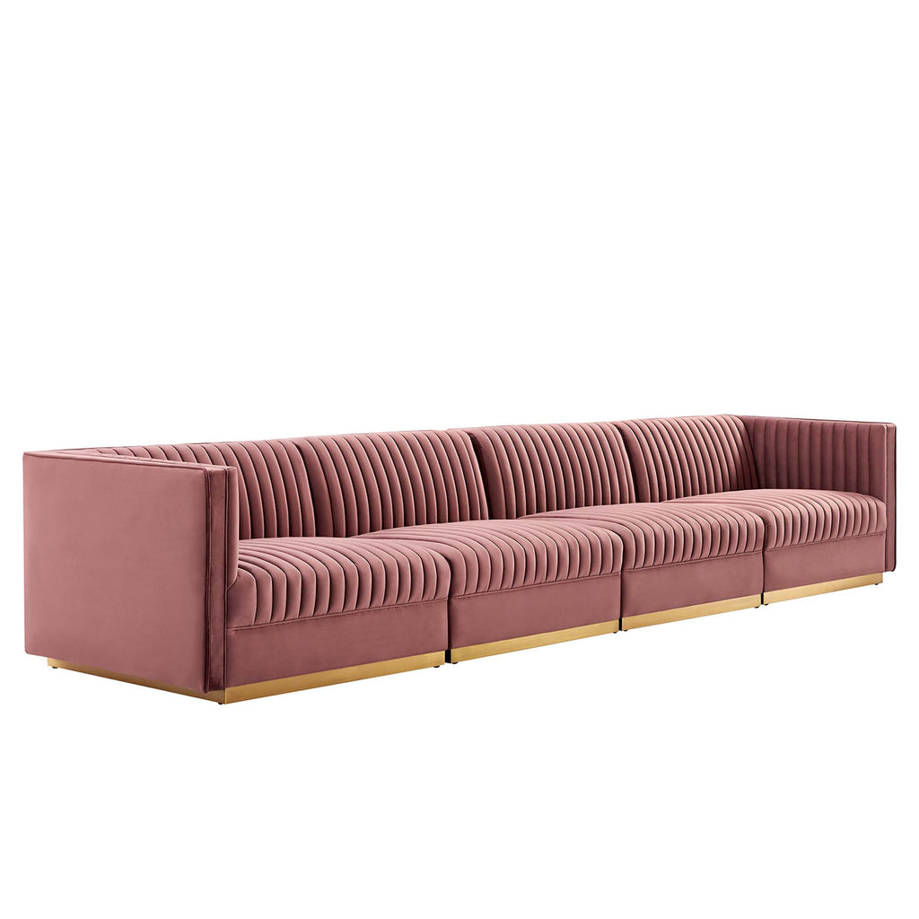 Sanguine Channel Tufted Performance Velvet 4-Seat Modular Sectional Sofa - Dusty Rose