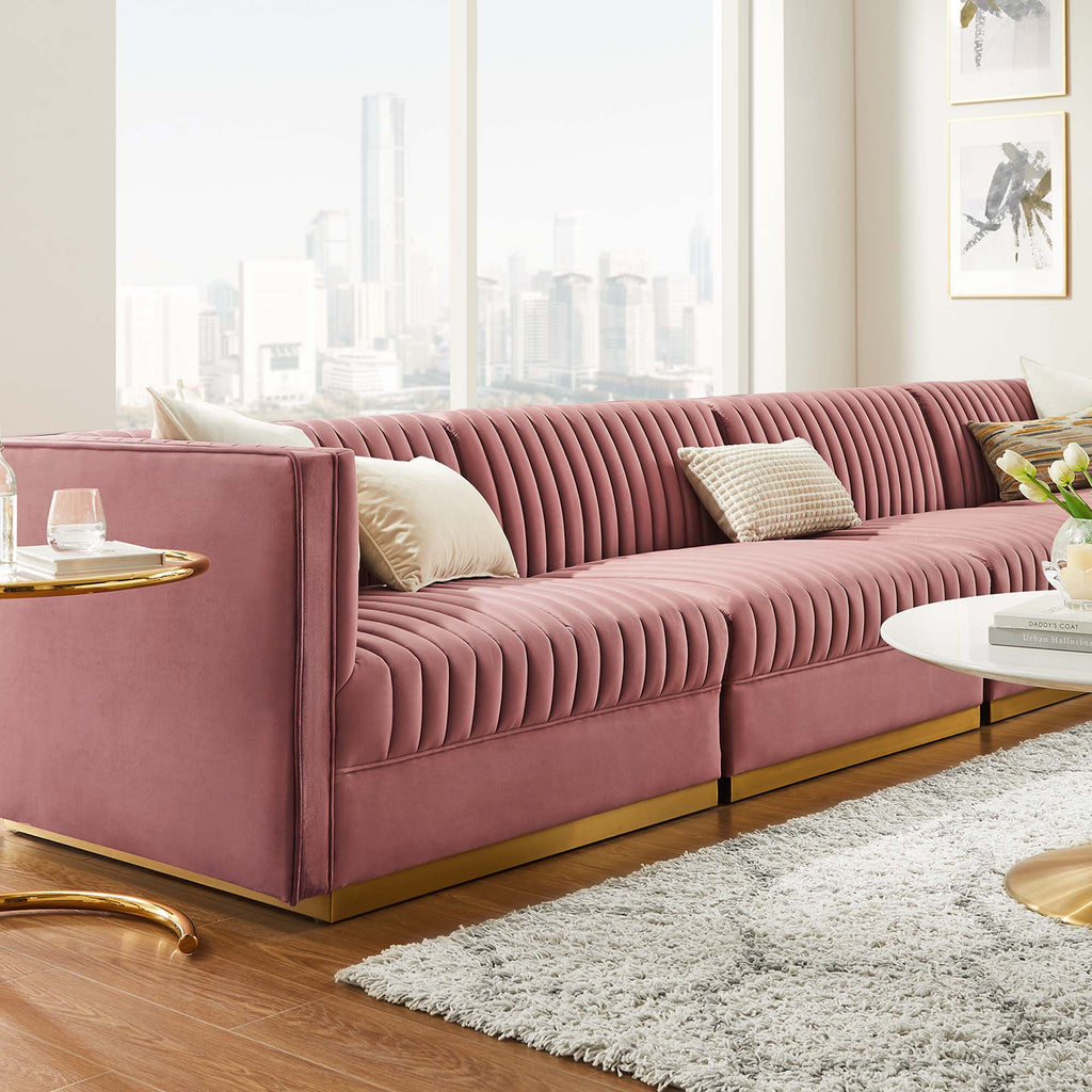 Sanguine Channel Tufted Performance Velvet 4-Seat Modular Sectional Sofa - Dusty Rose