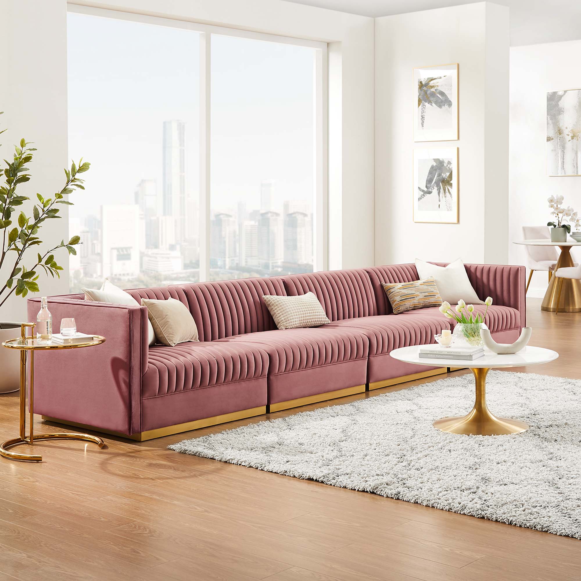 Sanguine Channel Tufted Performance Velvet 4-Seat Modular Sectional Sofa - Dusty Rose