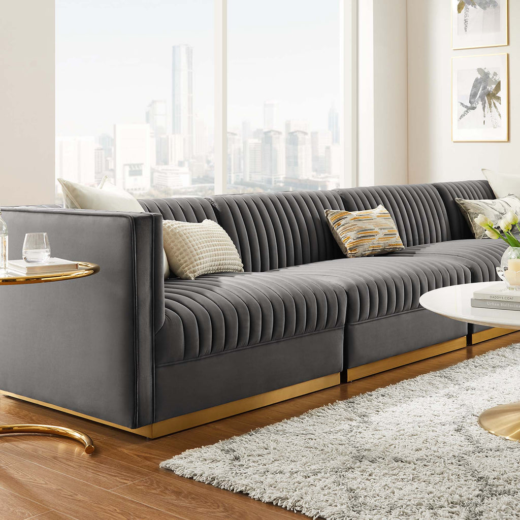 Sanguine Channel Tufted Performance Velvet 4-Seat Modular Sectional Sofa - Gray