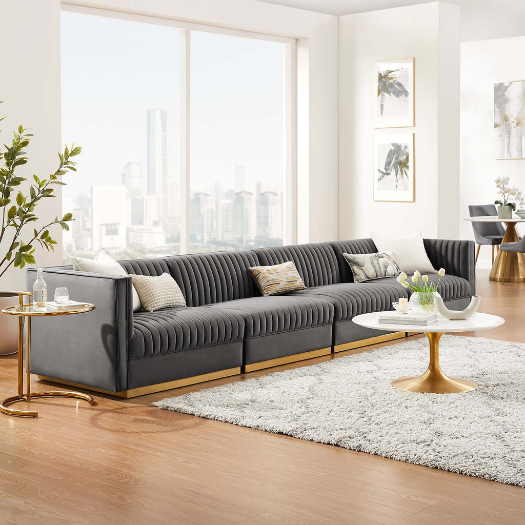 Sanguine Channel Tufted Performance Velvet 4-Seat Modular Sectional Sofa - Gray