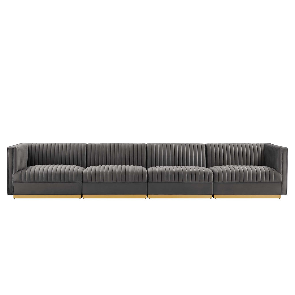 Sanguine Channel Tufted Performance Velvet 4-Seat Modular Sectional Sofa - Gray